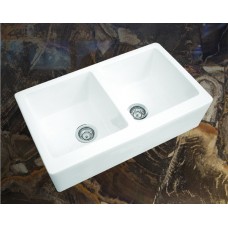 AFS2815 - Double Bowl Fireclay White Farmhouse Sink with Fluted Apron Front